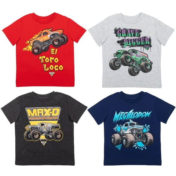 Monster Jam Grave Digger El Toro Loco Megalodon Big Boys 4 Pack T-Shirts Toddler to Big Kid