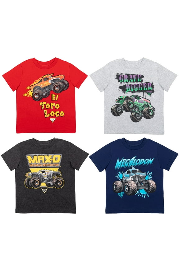 Grave Digger El Toro Loco Megalodon Little Boys 4 Pack T-Shirts Toddler to Big Kid