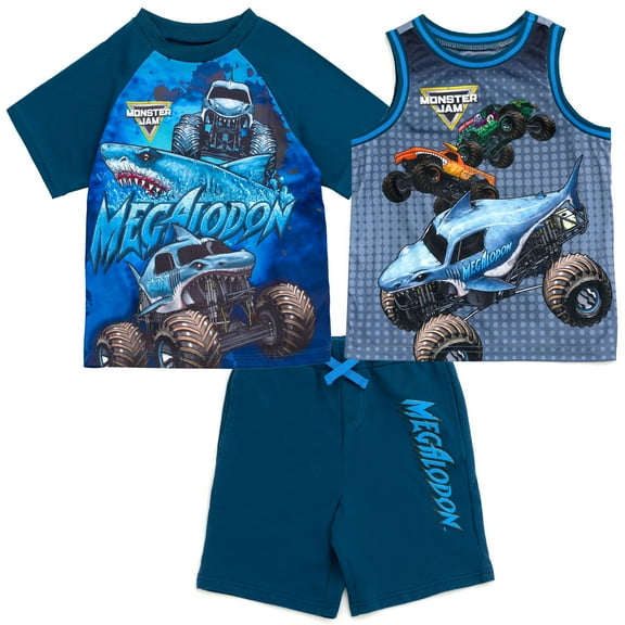 Monster Jam Grave Digger El Toro Loco Megalodon Mix N' Match Athletic T-Shirt, Tank Top and French Terry Shorts 3 Piece Outfit Set Toddler to Big Kid