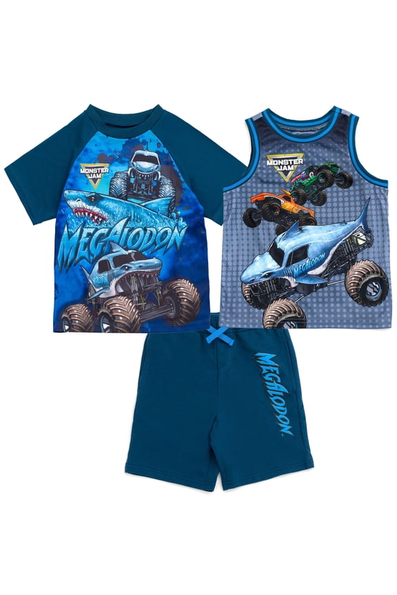 Grave Digger El Toro Loco Megalodon Mix N' Match Athletic T-Shirt, Tank Top and French Terry Shorts 3 Piece Outfit Set Toddler to Big Kid