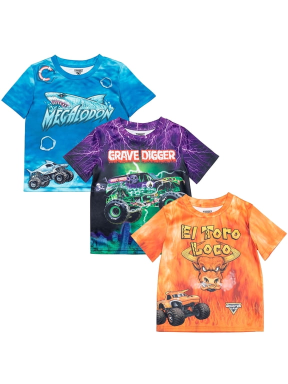 Grave Digger El Toro Loco Megalodon Monster Truck Little Boys 3 Pack T-Shirts Toddler to Big Kid