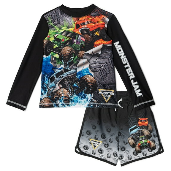 Monster Jam Grave Digger El Toro Loco Megalodon Raglan Rash Guard and Swim Trunks Outfit Set UPF 50  Toddler to Little Kid
