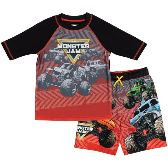Monster Jam Grave Digger El Toro Loco Megalodon UPF 50  Rash Guard Swim Trunks Outfit Set Toddler to Big Kid