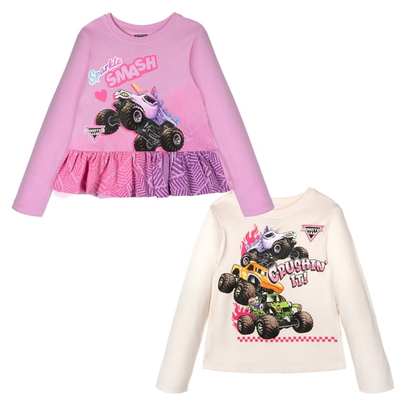 Monster Jam Grave Digger El Toro Loco Sparkle Smash 2 Pack Peplum Long Sleeve T-Shirts Toddler to Big Kid