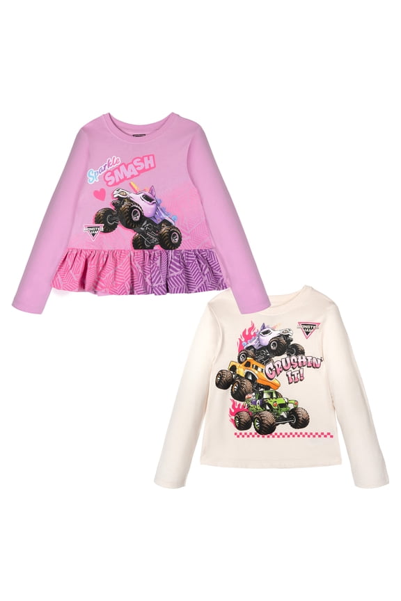 Grave Digger El Toro Loco Sparkle Smash 2 Pack Peplum Long Sleeve T-Shirts Toddler to Big Kid
