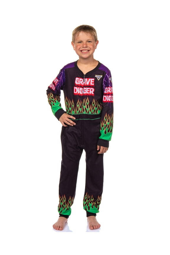 Monster Jam Grave Digger Kids Union Suit One-Piece Sleeper Fleece Monster Truck Pajamas Sleepwear For Boys Girls