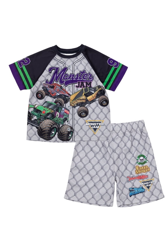 Grave Digger Megalodon Digatron Mesh Baseball Jersey Athletic T-Shirt and Shorts Outfit Set Toddler to Big Kid