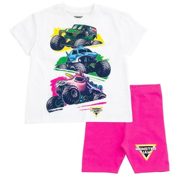 Monster Jam Grave Digger Megalodon Sparkle Smash Drop Shoulder T-Shirt and Bike Shorts Outfit Set Toddler to Big Kid