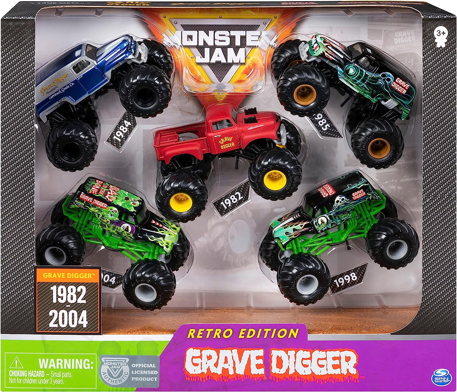 Monster Jam Grave Digger Monster Truck 5pc Value Pack: 1:64 Scale Retro Die-Cast Gift Set with Iconic Models (1982-2005) Chrome Rims and BKT Tires