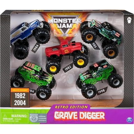 Monster Jam Grave Digger Monster Truck 5pc Value Pack: 1:64 Scale Retro Die-Cast Gift Set with Iconic Models (1982-2005) Chrome Rims and BKT Tires - Great Gift for Kids & Fans!