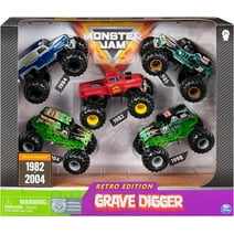 Monster Jam Grave Digger Monster Truck 5pc Value Pack: 1:64 Scale Retro Die-Cast Gift Set with Iconic Models (1982-2005) Chrome Rims and BKT Tires