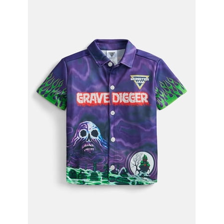 Monster Jam Grave Digger Toddler Boys Button Shirt with Short Sleeves, Sizes 12M-5T