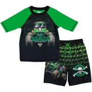 Monster Jam Grave Digger UPF 50+ Pullover Rash Guard Swim Trunks Outfit Set Toddler to Big Kid