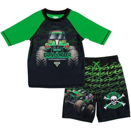 Monster Jam Grave Digger UPF 50+ Pullover Rash Guard Swim Trunks Outfit Set Toddler to Big Kid