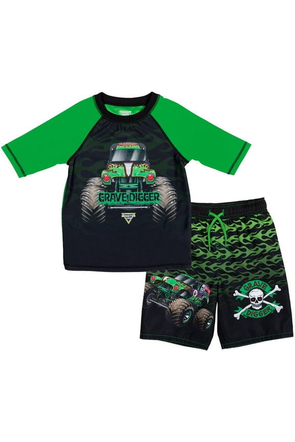 Grave Digger UPF 50+ Pullover Rash Guard Swim Trunks Outfit Set Toddler to Big Kid