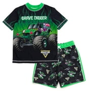 Monster Jam Grave Digger UPF 50+ Rash Guard and Swim Trunks Outfit Set Toddler to Little Kid