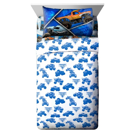 Monster Jam Kids 4-Piece Full Sheet Set, Microfiber, White
