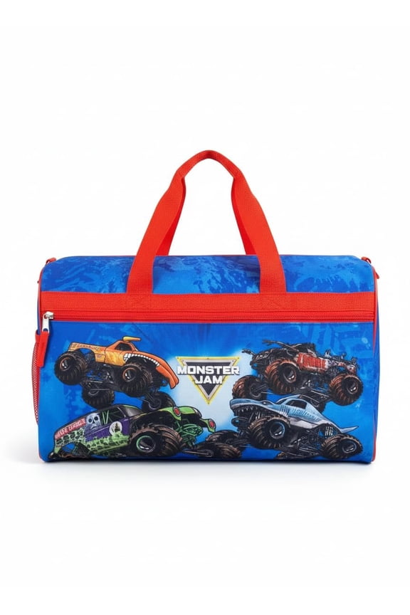 Monster Jam Kids Duffle Bag  Truck-Themed Travel Gym Bag with Adjustable Shoulder Strap, Mesh Side Pockets & Zipper Pocket