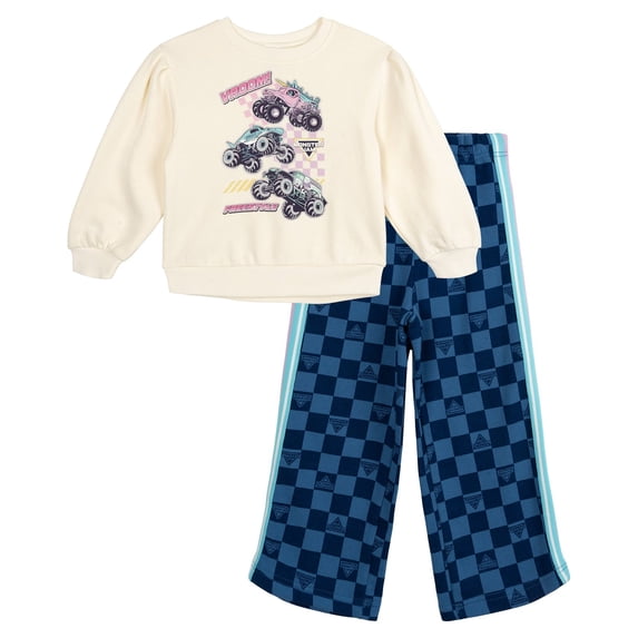 Monster Jam Little Girls' 2-Piece Fleece Sweatshirt and Pants Set Cream Blue Checker