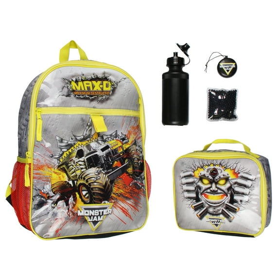 Monster Jam MAX-D Monster Truck 5 PC Backpack Lunch Box Water Bottle Icepack Charm 17"