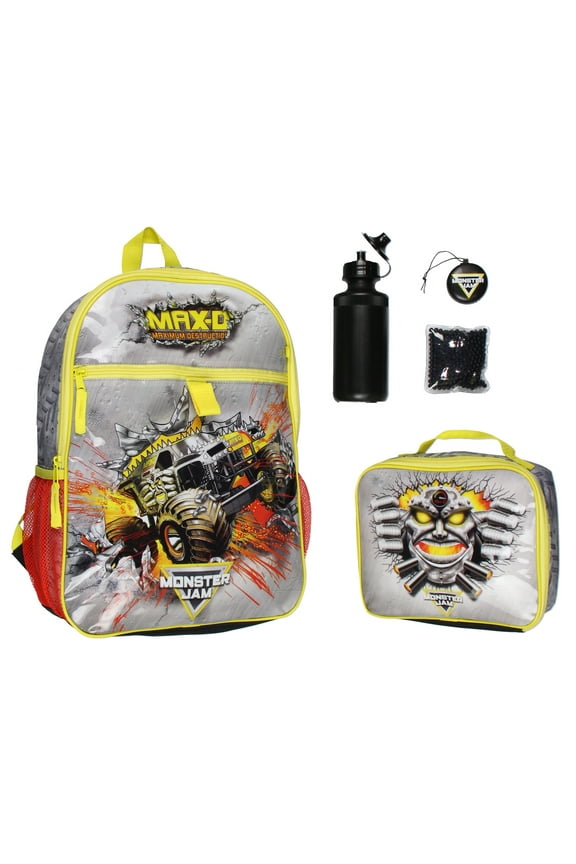 Monster Jam MAX-D Monster Truck 5 PC Backpack Lunch Box Water Bottle Icepack Charm 17"