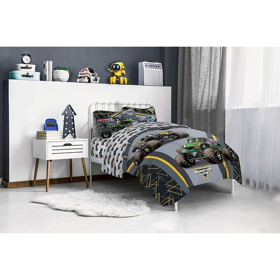 Monster Jam MJ Life 4 Piece Twin Bed Set Reversible Comforter Sheet Set Super Soft Microfiber Grave Digger Max-D Megalodon