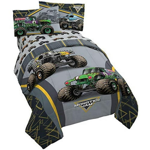 Monster Jam MJ Life Multi Color 4 Piece Kids Twin Bed Set -Features Grave Digger, Max-D, Megalodon