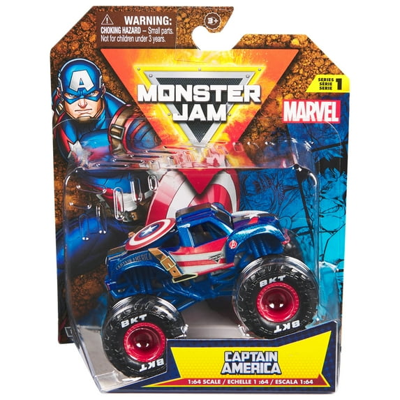 Monster Jam, Marvel 4-Pack of 1:64 Scale Die-Cast Monster Trucks, Spider-Man, Iron Man, Captain America & Black Panther, Kids Toys for Boys and Girls