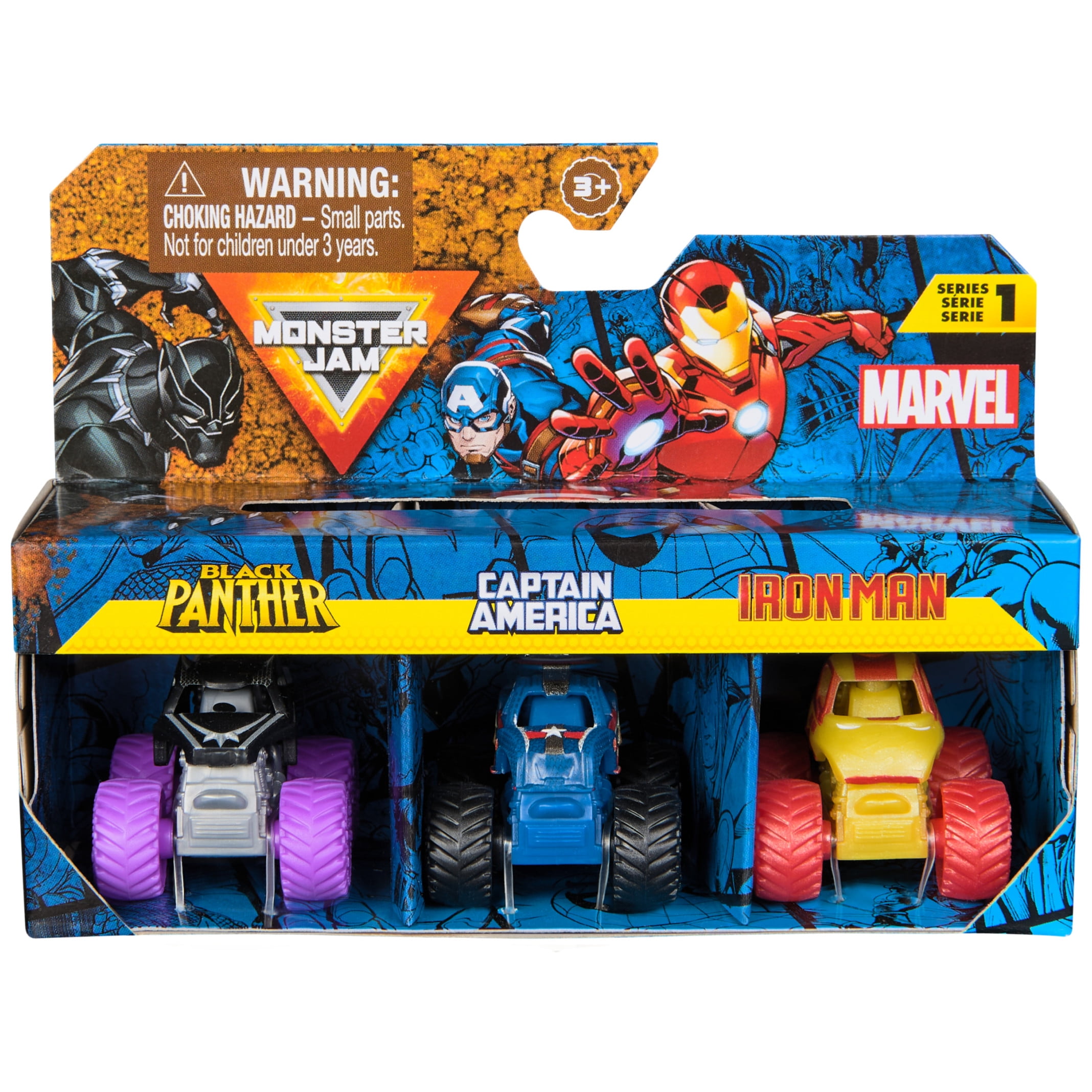 Monster Jam, Marvel Mini 1:87 Scale Monster Truck 3-Pack (Black Panther, Captain America, Iron Man)