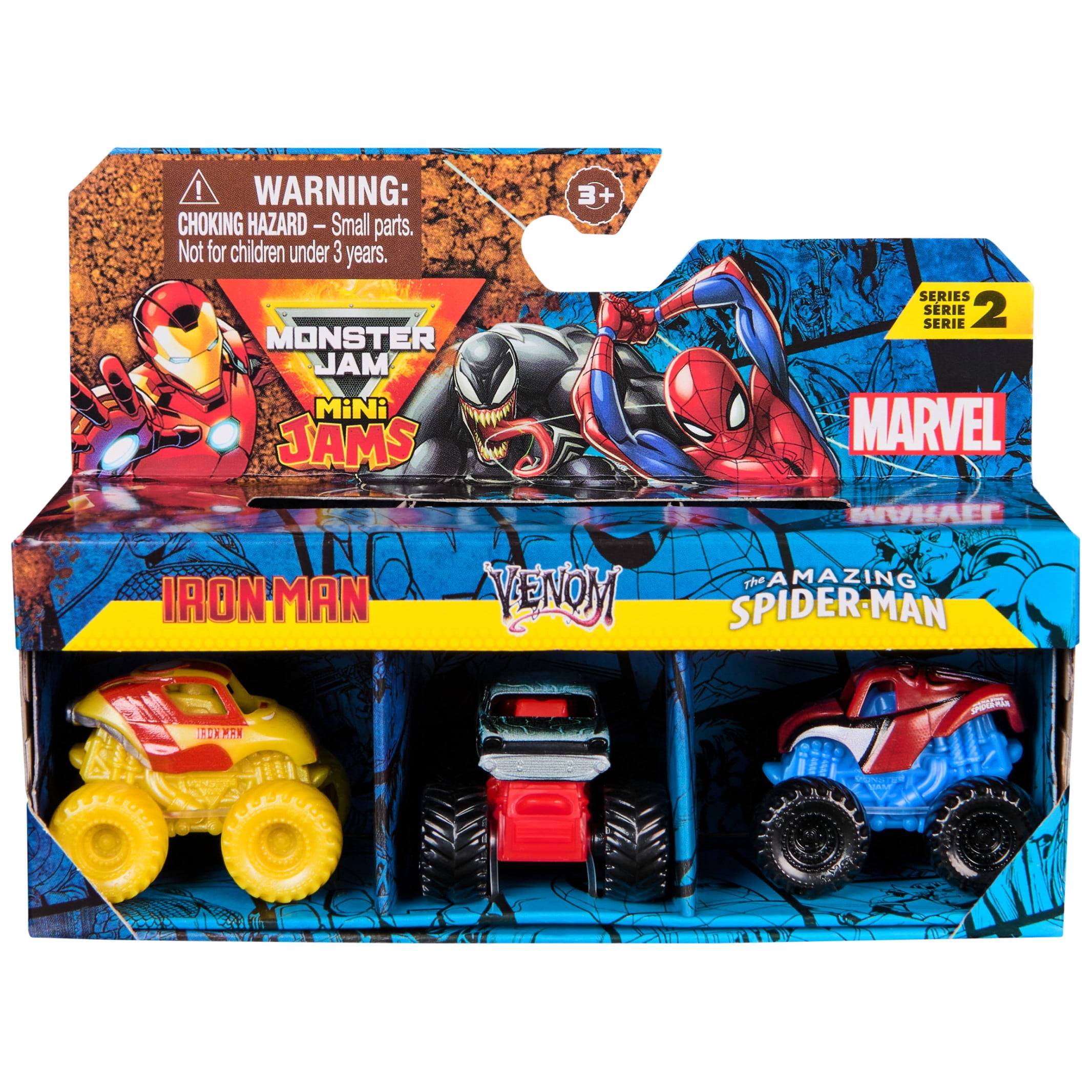 Monster Jam, Marvel Mini 1:87 Scale Monster Truck 3-Pack (Spider-Man, Venom, Iron Man)
