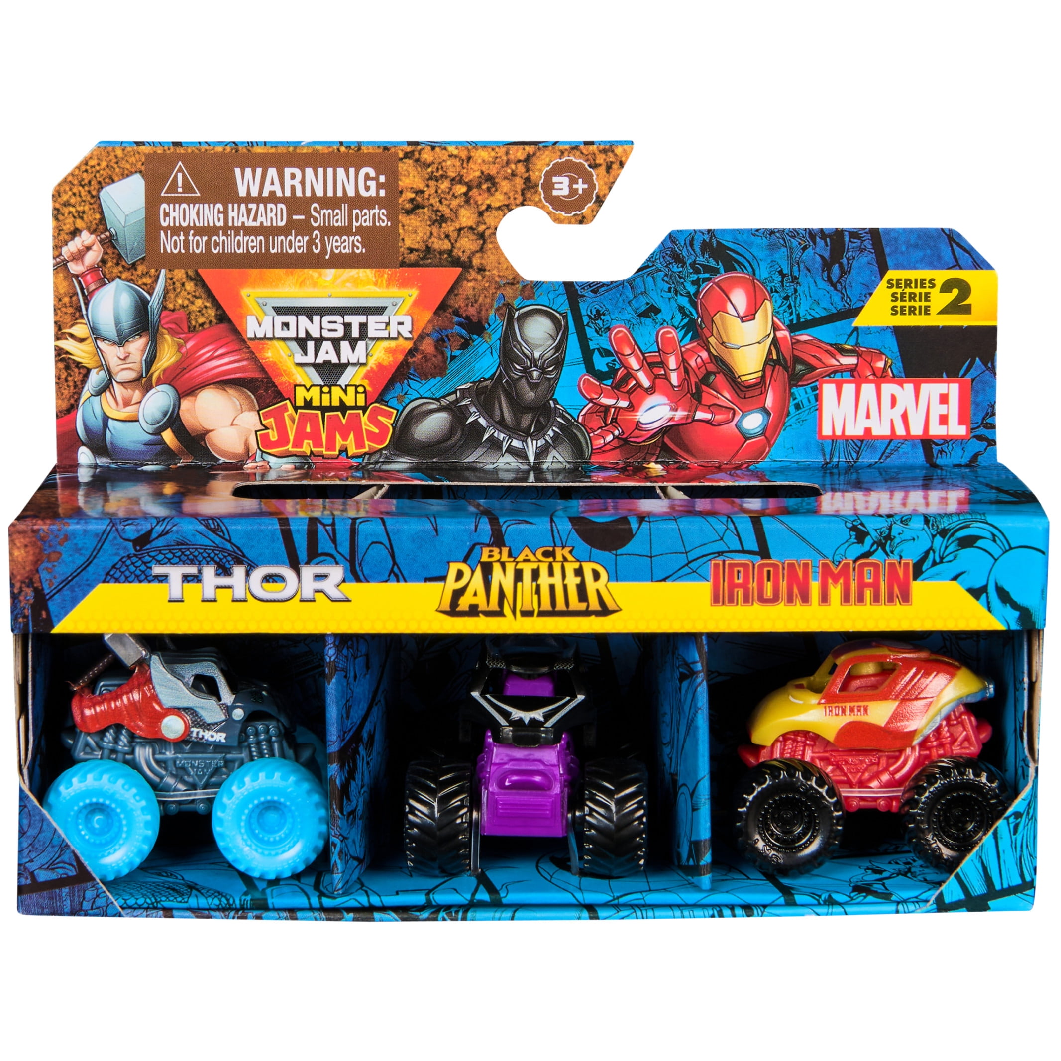 Monster Jam, Marvel Mini 1:87 Scale Monster Truck 3-Pack (Thor, Black Panther, Iron Man)