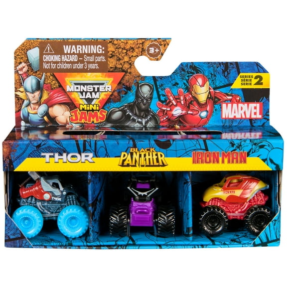 Monster Jam, Marvel Mini 1:87 Scale Monster Truck 3-Pack (Thor, Black Panther, Iron Man)
