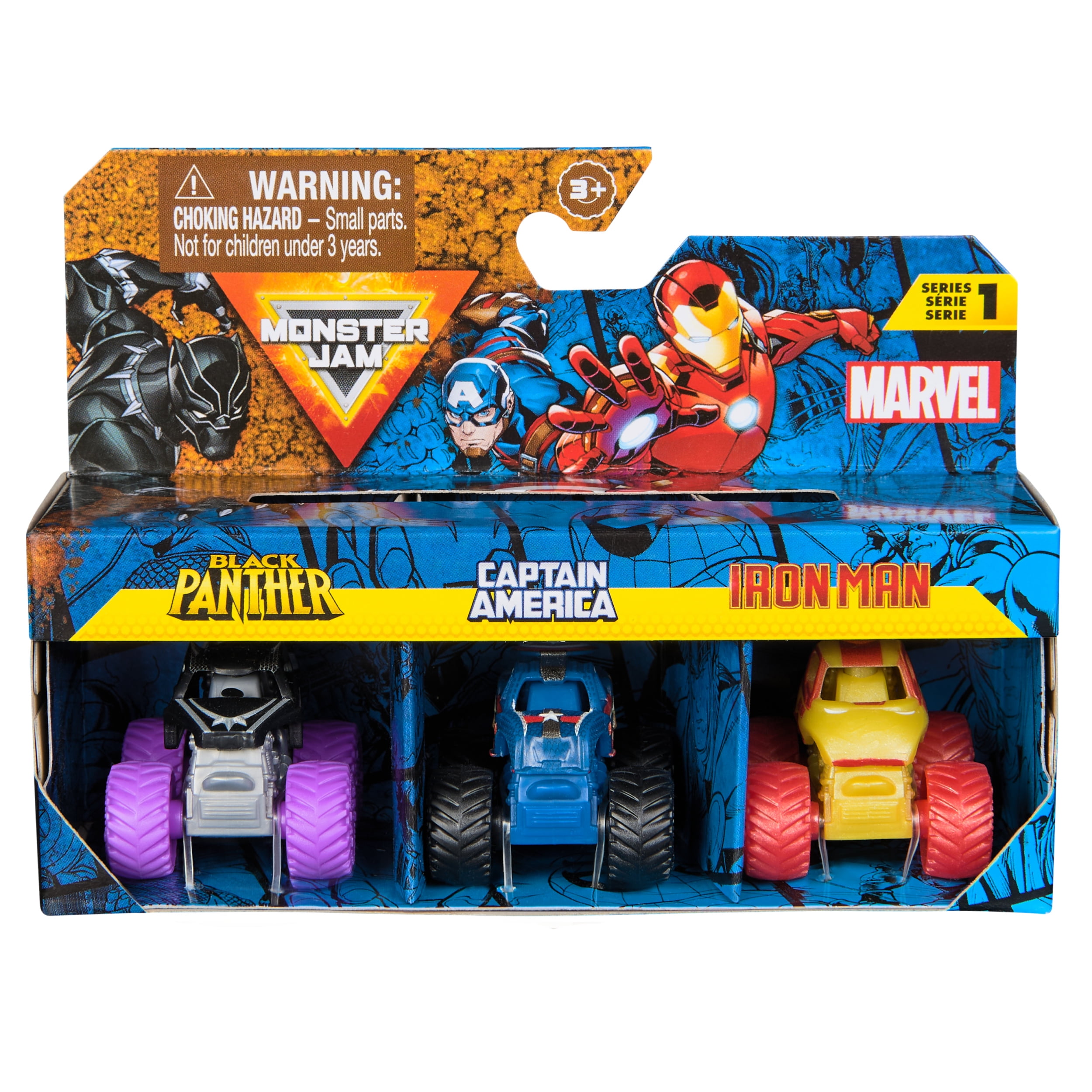 Monster Jam, Marvel Mini Monster Truck 3-Pack, Black Panther, Captain America, Iron Man Die-Cast Monster Trucks, 1:87 Scale, Kids Toys for Boys Ages 3 and Up