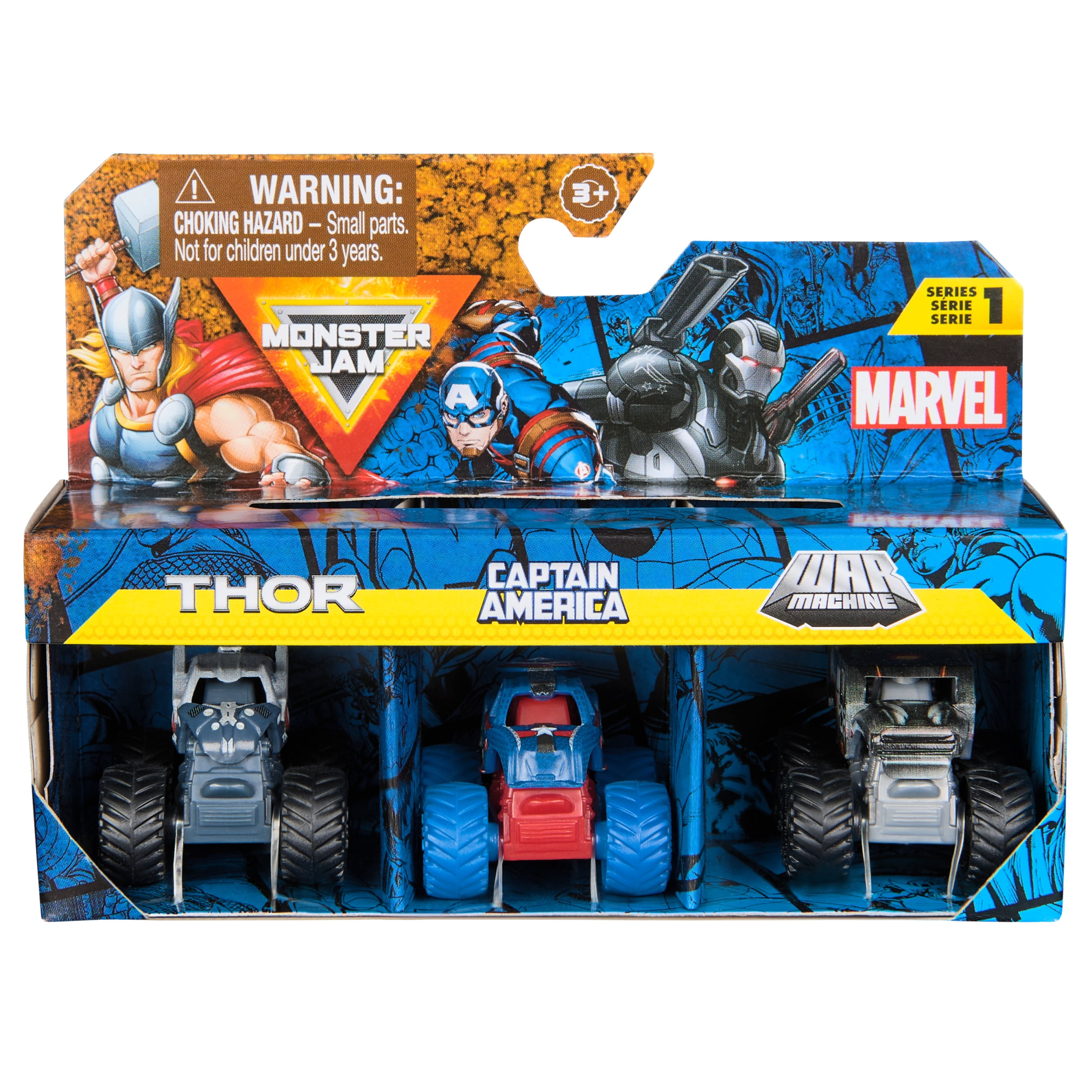 Monster Jam Marvel Mini Monster Truck 3 Pack Thor Captain America War Machine Die Cast Monster Trucks 1 87 Scale Kids Toys for Boys Ages 3 and