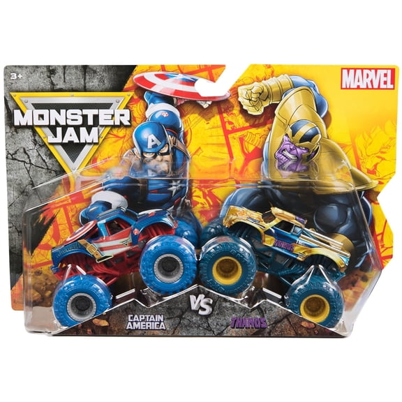 Monster Jam Marvel Series 2 Captain America vs Thanos Official 1:64 Scale Die-Cast 2-Pack Monster Trucks 2026 Edition Kids 3+
