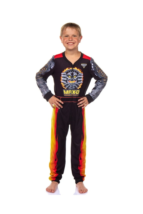 Monster Jam Max-D Boys' Union Suit Kids Fleece Maximum Destruction Monster Truck One-Piece Pajamas Sleeper Loungewear