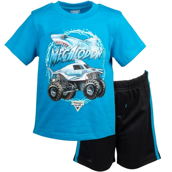 Monster Jam Megalodon Athletic Pullover T-Shirt Mesh Shorts Outfit Set Toddler to Big Kid