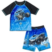 Monster Jam Megalodon UPF 50+ Rash Guard Swim Trunks Outfit Set Toddler to Little Kid