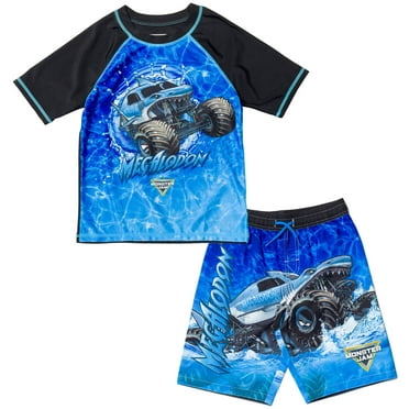 Monster Jam Megalodon UPF 50  Rash Guard Swim Trunks Outfit Set Toddler to Little Kid