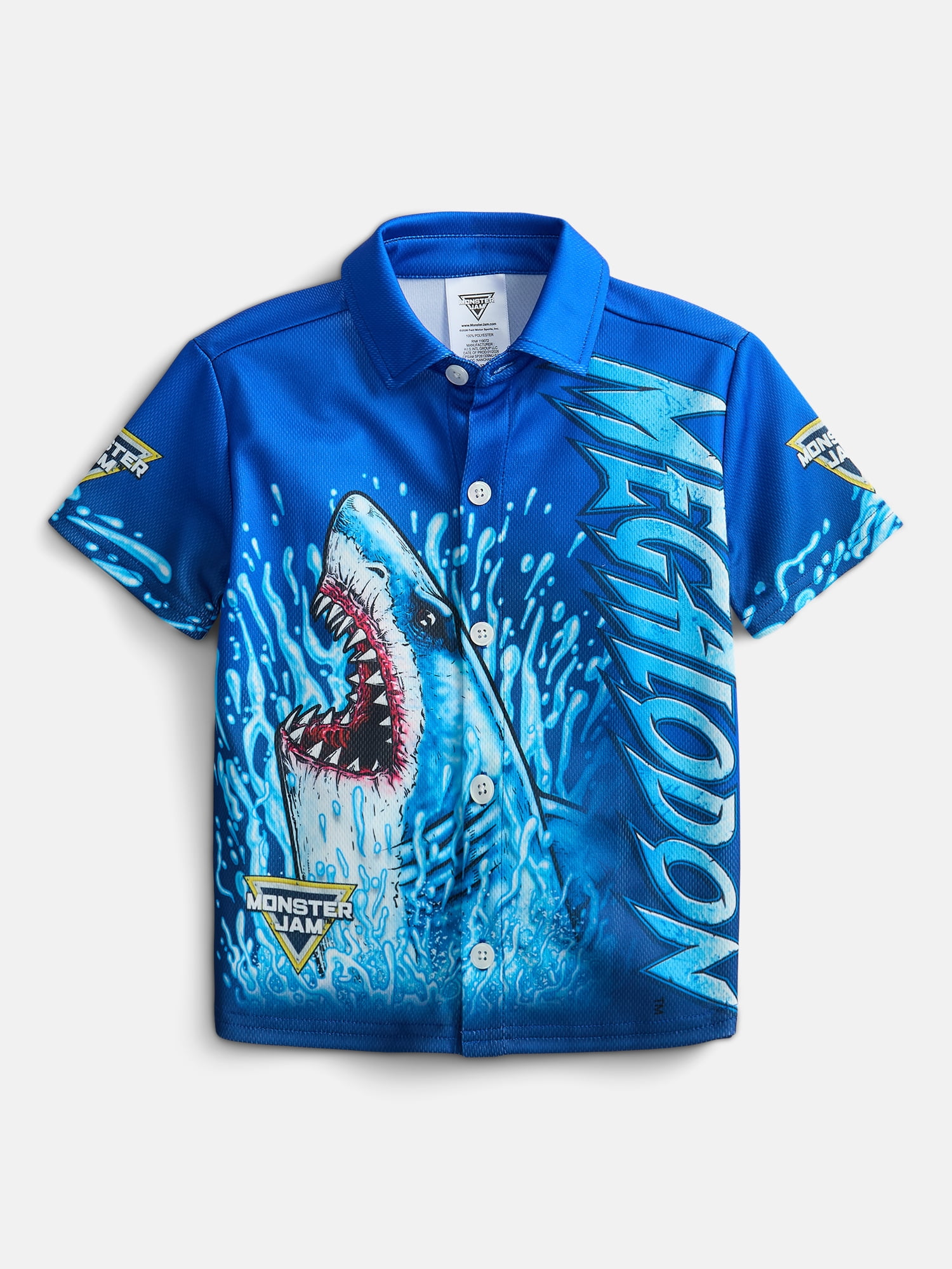 Monster Jam Megladon Toddler Boys Button Shirt with Short Sleeves, Sizes 12M-5T