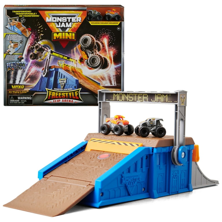 Monster Jam Mini Freestyle Flip Arena Playset and Storage with 2