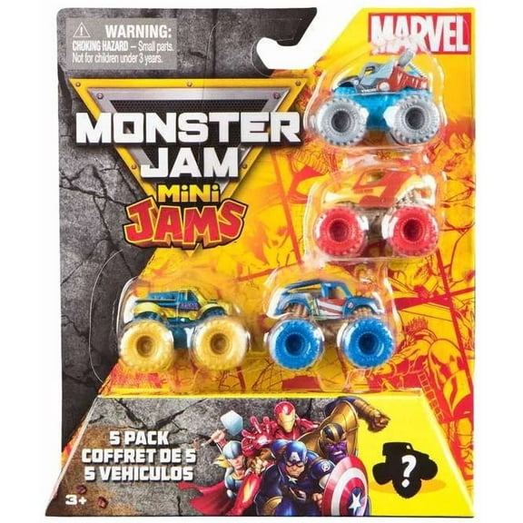 Monster Jam Marvel Mini 5-Pack Collectible Mini Trucks 1:87 Scale with Iron Man, Captain America, Thor, Thanos & Mystery Truck