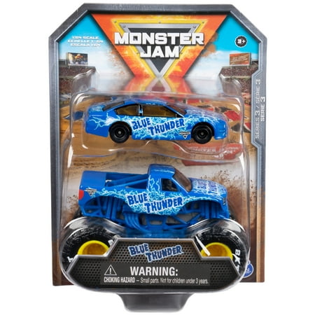 Monster Jam Monster Blue Thunder Truck and Race Car, 1:64 Scale (Walmart Exclusive)