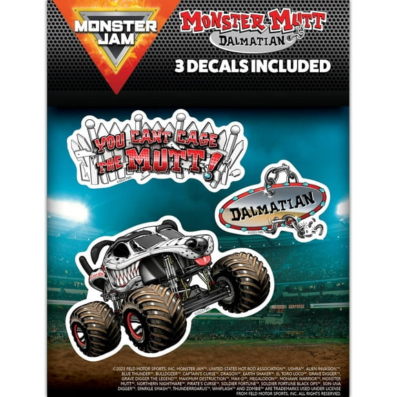Monster Jam Monster Mutt Dalmatian Decals - Set of 3 Monster Truck Dog Tag Logo Vinyl Stickers for Car, Water Bottle, Laptop, Luggage, Toy Truck