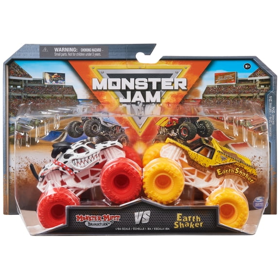 Monster Jam Monster Mutt Dalmation Vs. Earth Shaker - 1:64 Scale Monster Trucks, Girl and Boy Toys