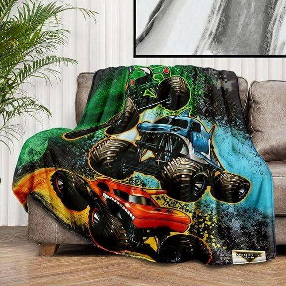 Monster Jam Monster Truck Flannel Blanket, Soft & Warm Polyester Fiber Throw, Ideal Gift for All Seasons-280GSM