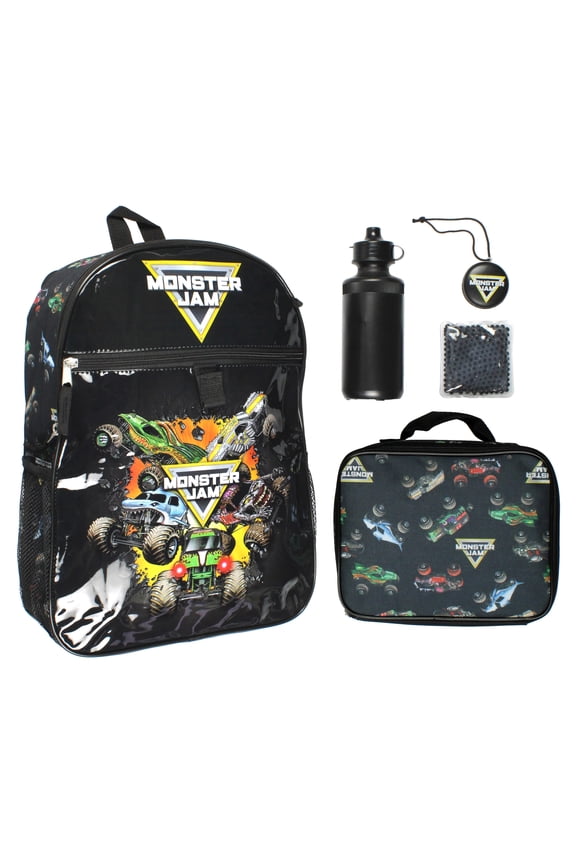 Monster Jam Trucks School Set - Backpack, Lunchbox, Water Bottle, 5 PC Mega Box