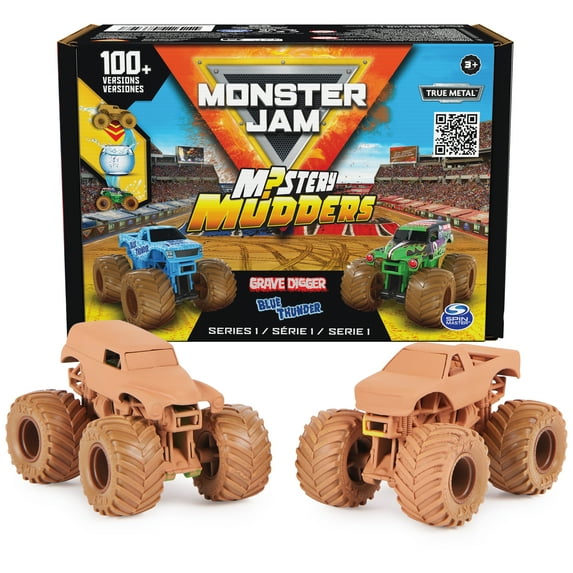 Monster Jam, Mystery Mudders 2-Pack Monster Trucks, Official 1:64 Grave Digger and Blue Thunder Die-Cast Vehicles, Wash to Reveal (Styles Will Vary)