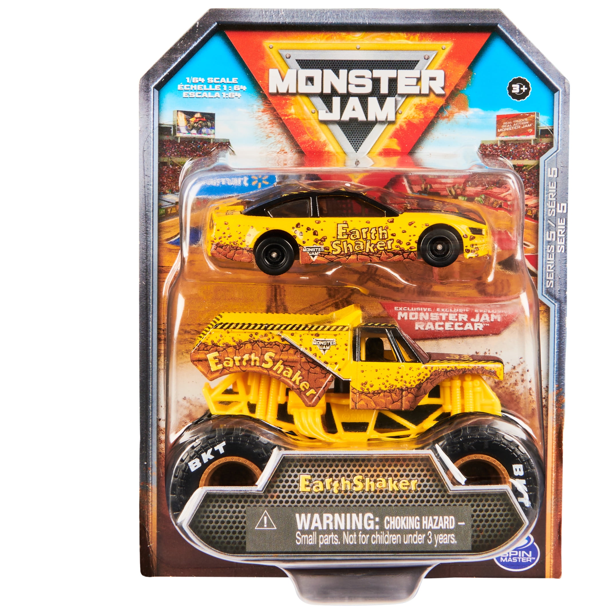 Monster Jam, Official Earth Shaker Exclusive Racecar and Monster Truck 2-Pack, Die-Cast 1:64 Scale, Kids Toys for Boys Ages 3 and up