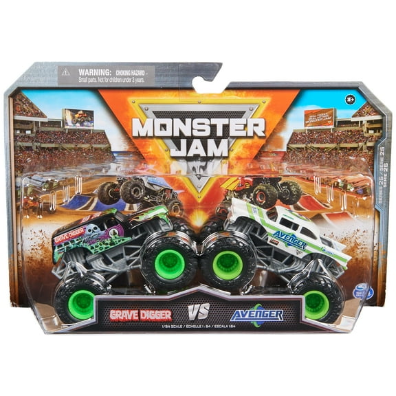 Monster Jam, Official Grave Digger Vs. Avenger Die-Cast Monster Trucks, 1:64 Scale, Kids Toys for Boys Ages 3 and up